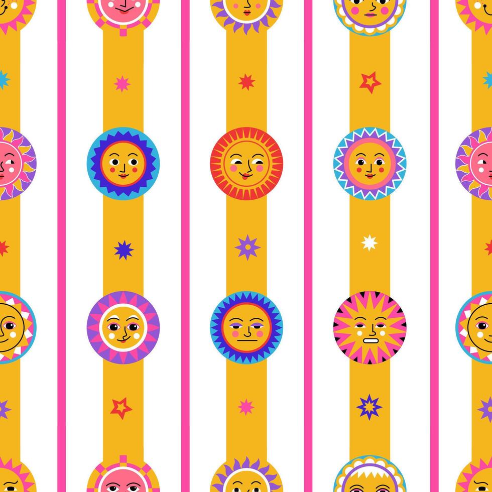Sun Faces Striped Seamless Pattern vector