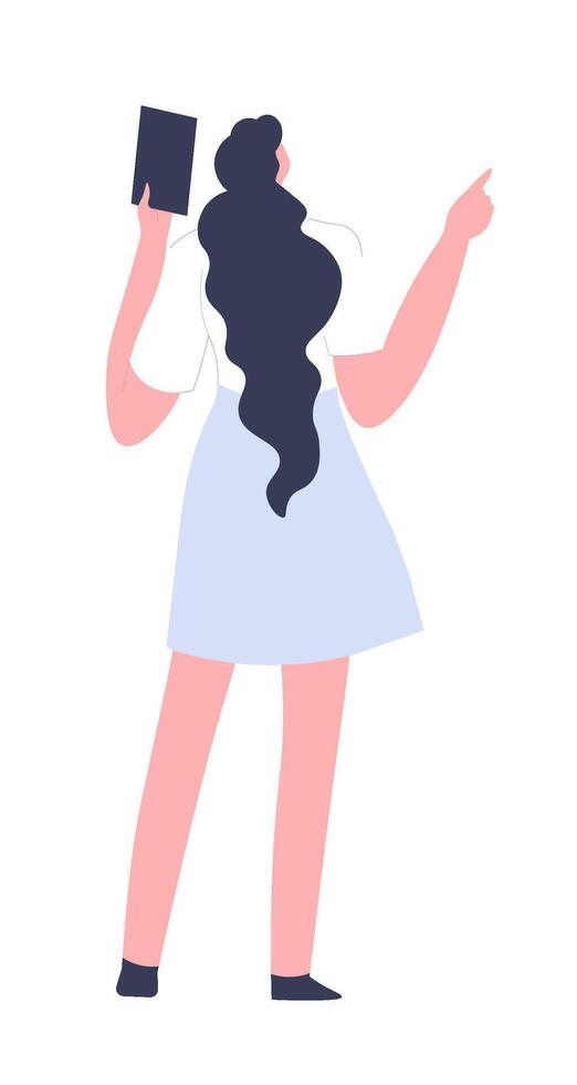 Woman holding book and pointing vector