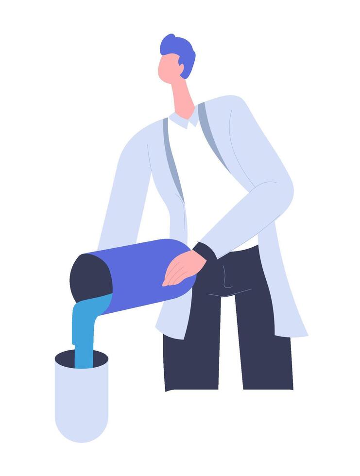 Scientist pouring liquid in beaker vector