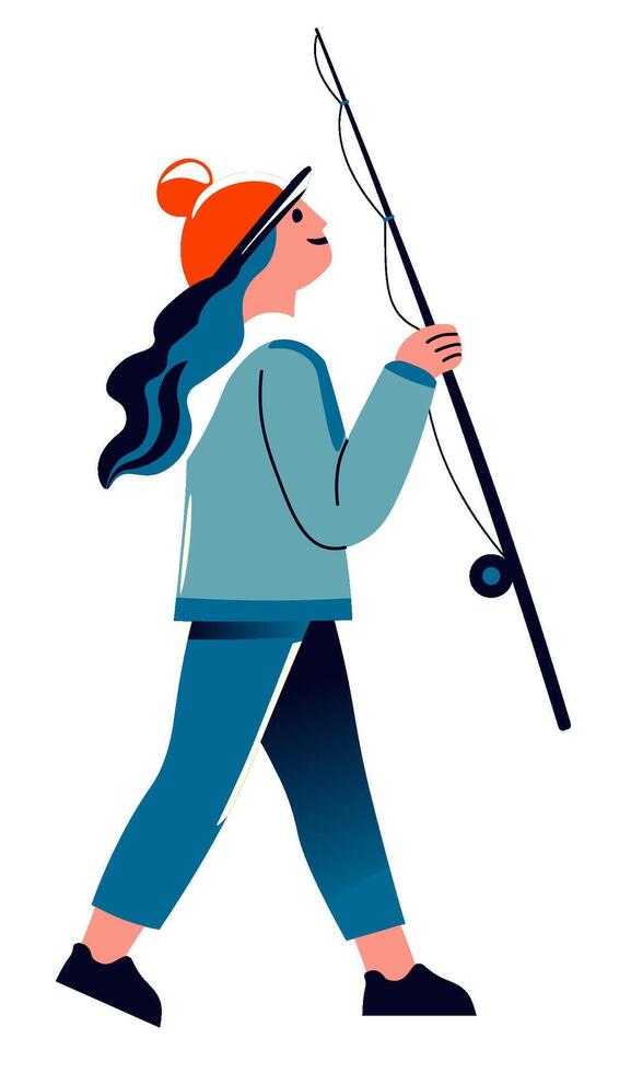 Girl hiking with fishing rod vector