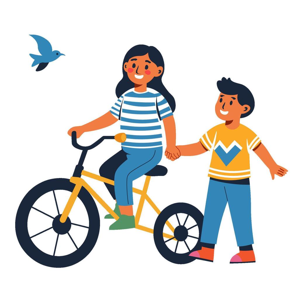 Girl riding bicycle with boy vector