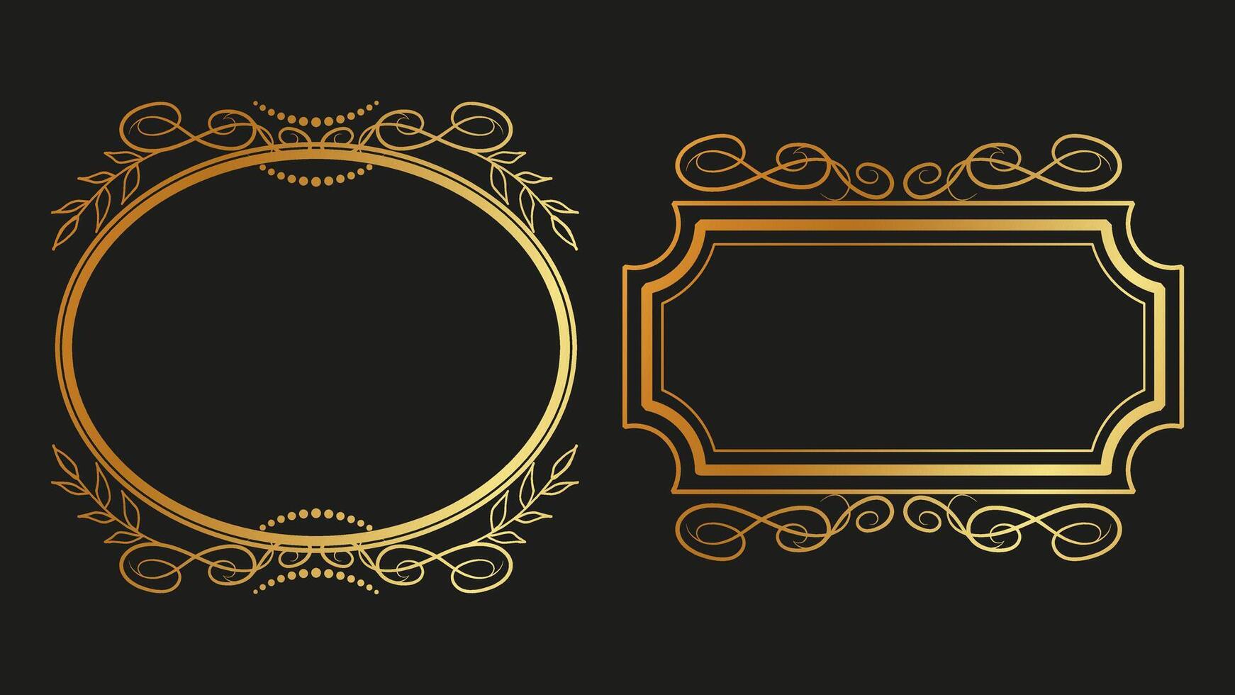 Vintage gold frames dark background swirls lines. vector