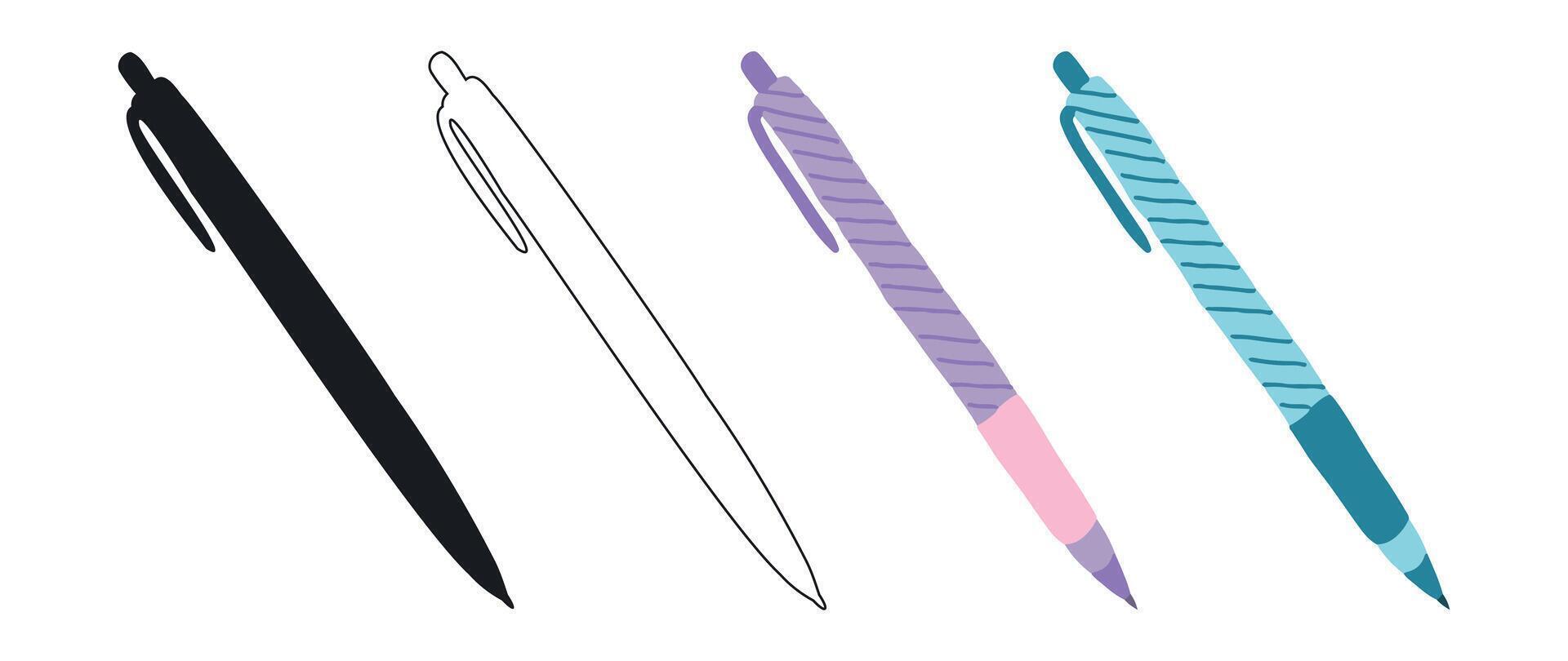 Pen Illustrations on White Background. Black Silhouette, Outline, Colored versions. Concept of School Supplies, Stationery Tools, Writing Instruments, Office Essentials. Design Element, Pen Clipart vector