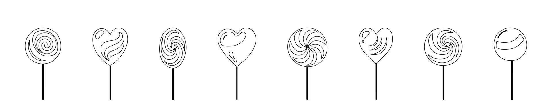 Set of Black outline illustrations of various heart and circular lollipops isolated on white background. Concept of candy, sweet treats, minimalist style, children treats. Icons, design elements vector