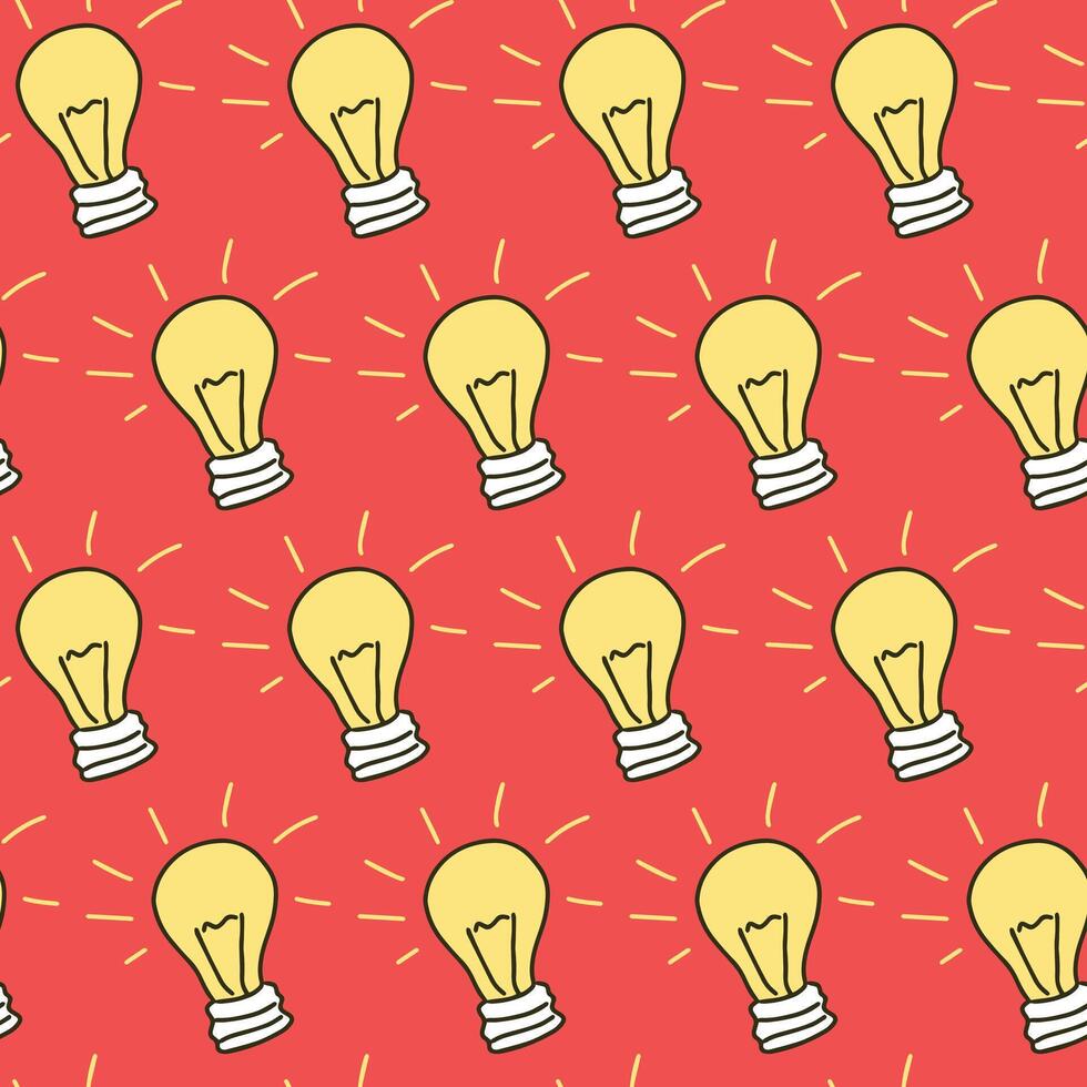 Seamless Pattern of Glowing Light Bulbs on Red Background. Concept of Innovation, Bright Ideas, Creativity, Electrical Design. Art, Decoration, graphic design, inspiration symbol. Background vector