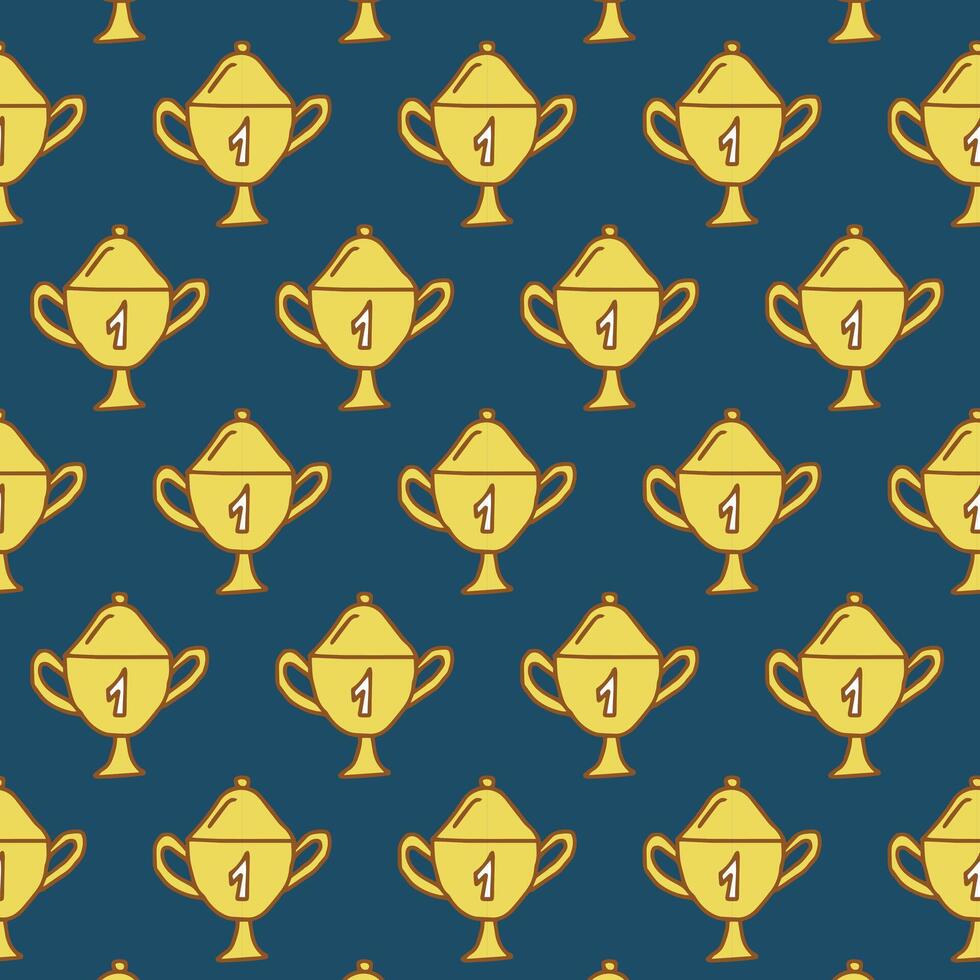 Seamless Pattern of Golden trophy Cups with Number One on Blue Background. Concept of Success, Achievement, Award Trophies, Winning, victory, prize, first place award. Wallpaper, Print, Textile vector