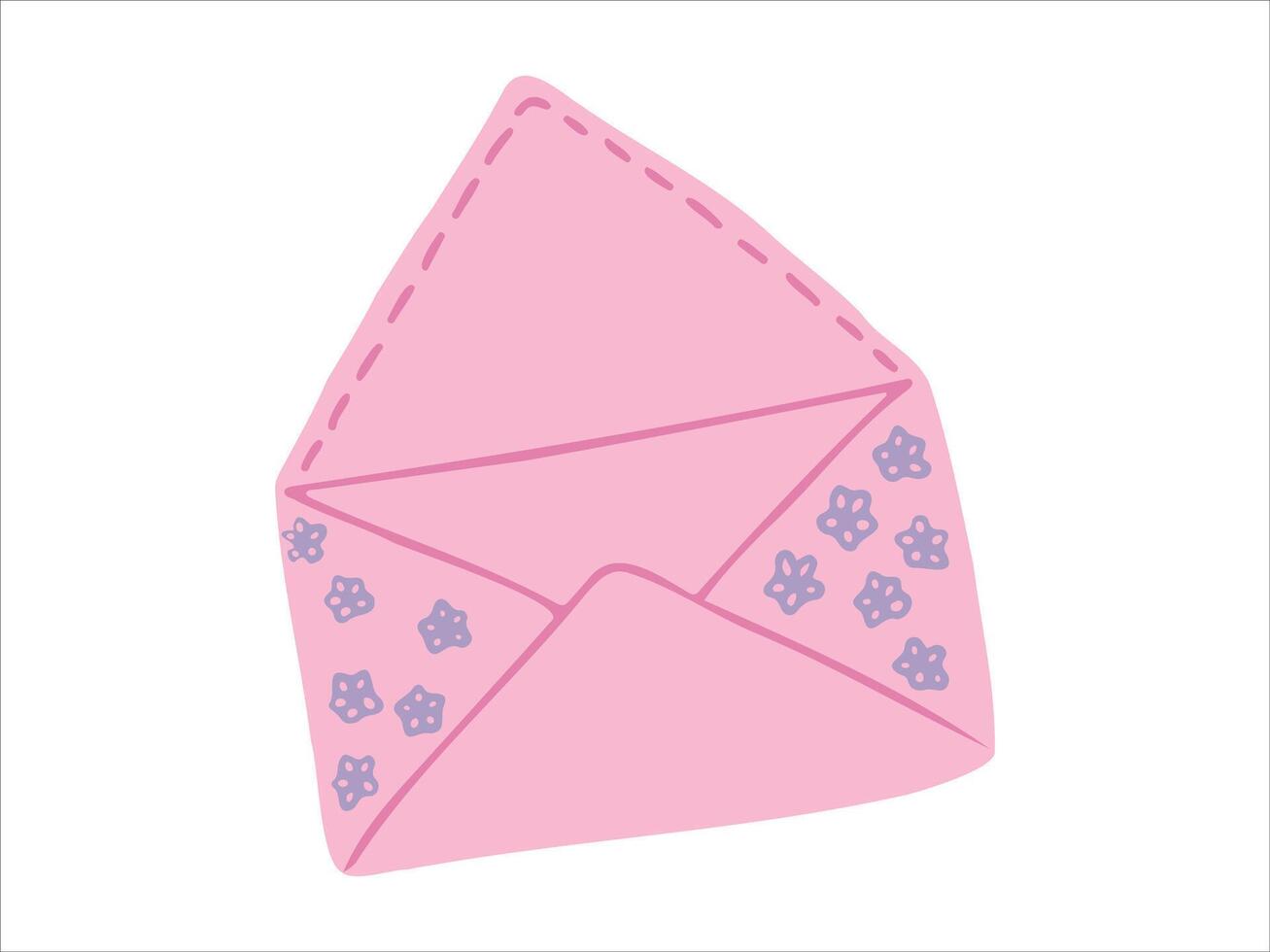 Illustration of an Open Pink Envelope with Floral Patterns isolated on white background. Concept of Stationery, Cute Design, Handcrafted Style, Communication Icon, Paper Craft, Invitation. Print vector