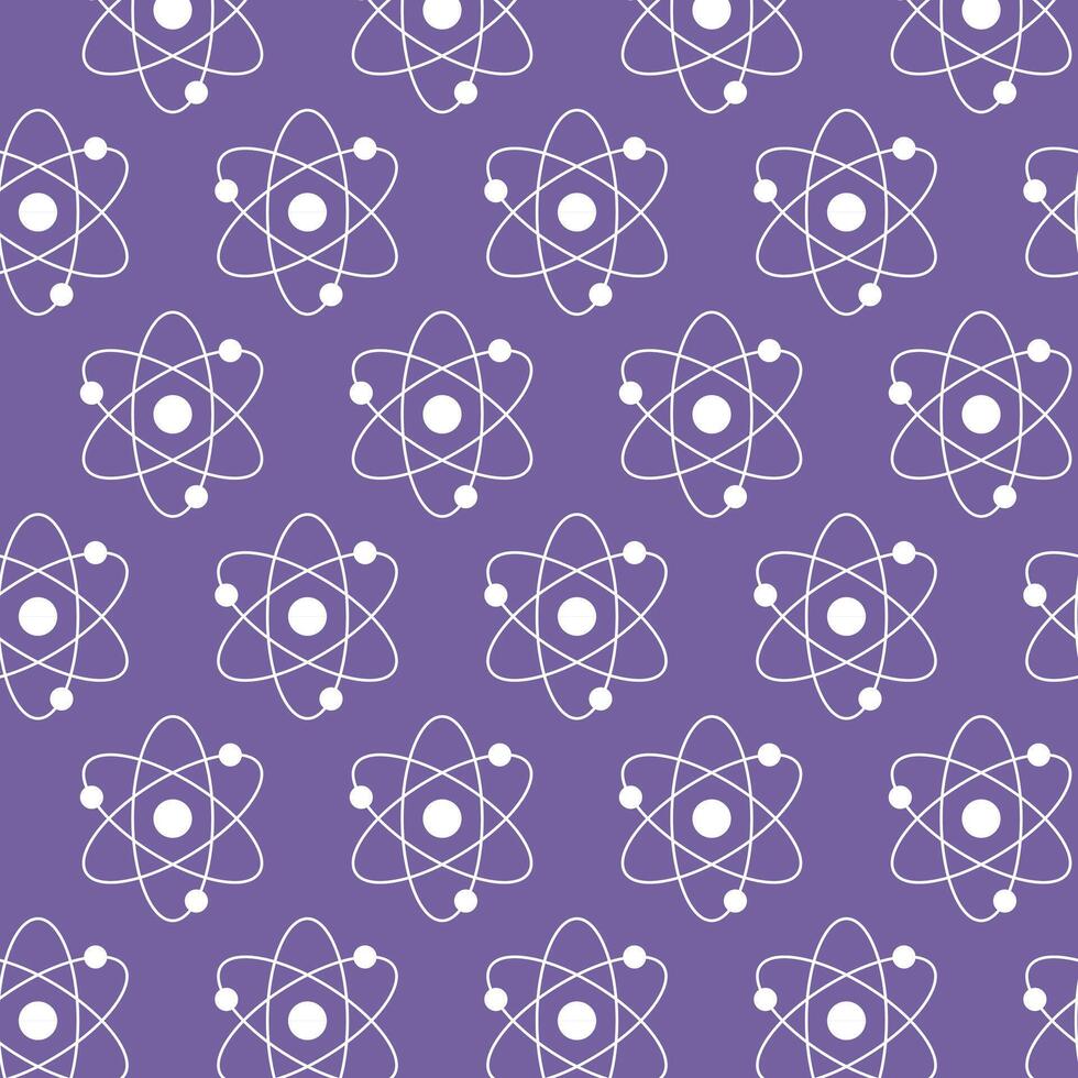 Seamless White Atom Pattern on Purple Background. Concept of Science Illustration, Atomic Structure, Chemistry, Physics. Educational Design Element, Scientific Wallpaper, Wrapping paper, Print vector