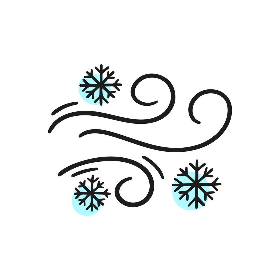 Minimalist icon illustration of swirling winter breeze with snowflakes, representing cold weather, winter season, and snowfall. Ideal for seasonal, climate, and weather-related designs. vector