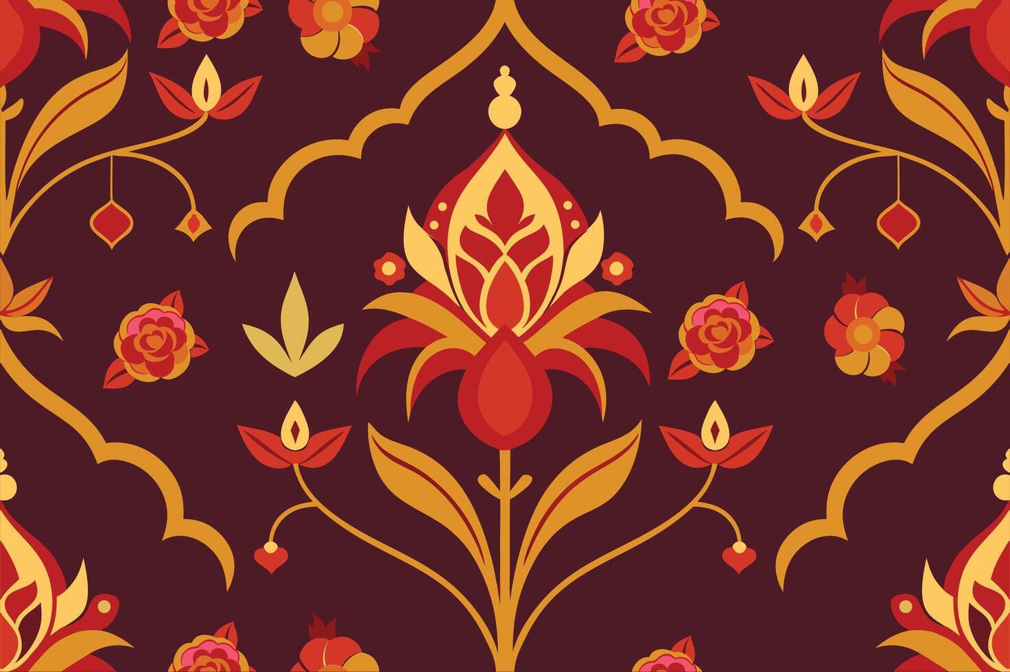 A red and gold floral pattern on a dark background vector
