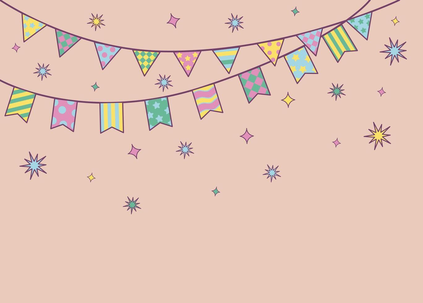 Bunting flags with confetti on beige background. Celebration wallpaper. vector