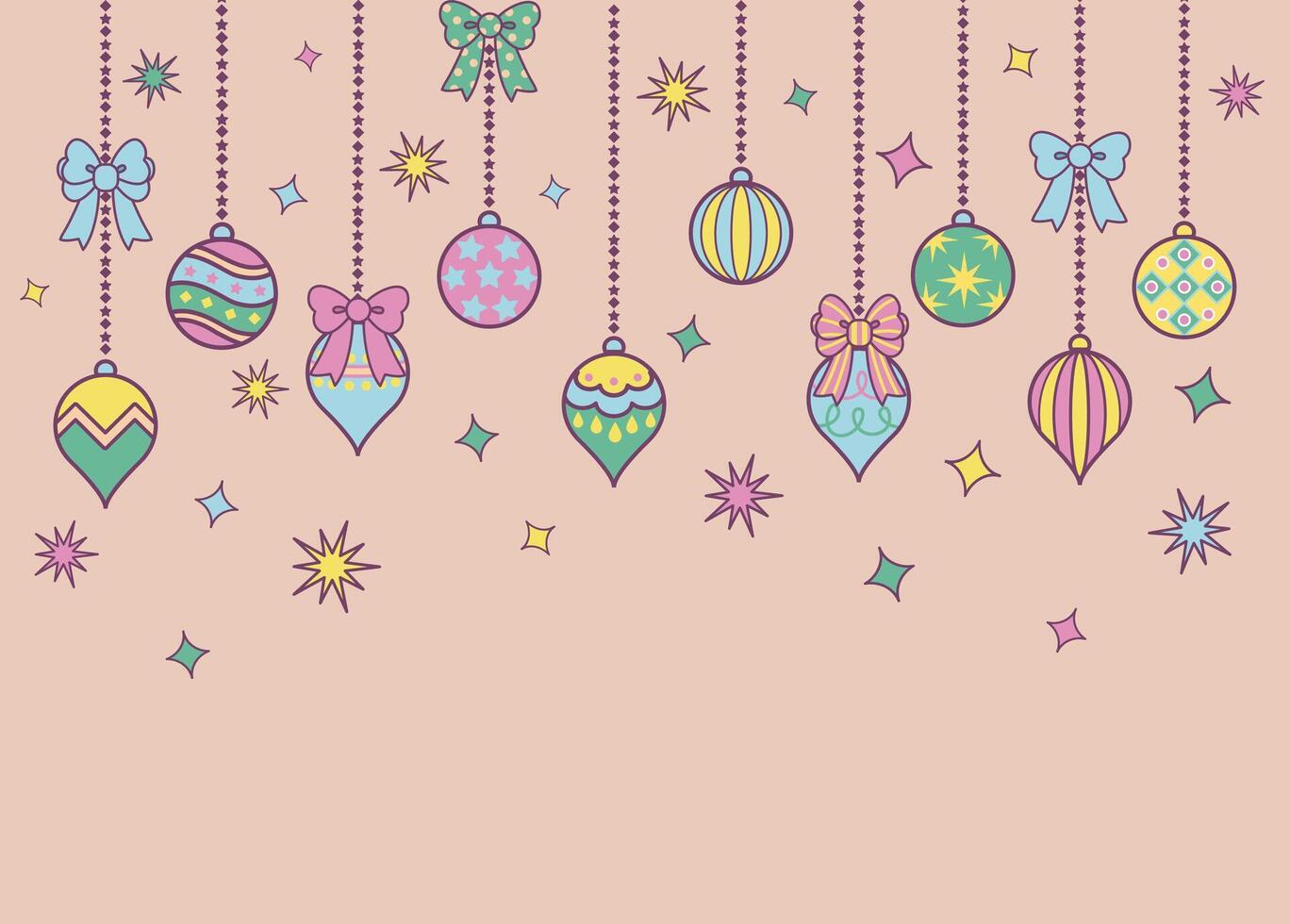 Christmas hanging balls with confetti background. Party decoration wallpaper. vector