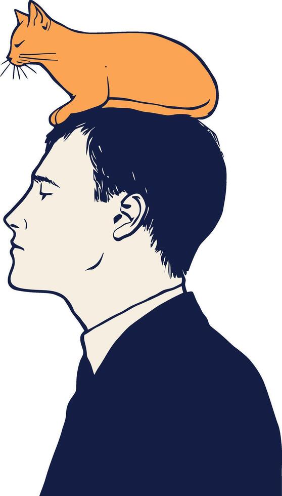Illustration of a Man in a Suit with an Orange Cat on His Head in Profile View vector