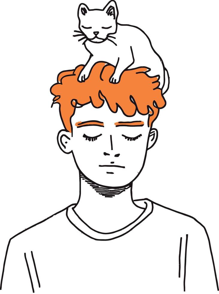 Illustration of Calm Person with Cat on Head - Serenity and Pet Connection in Minimalist Art vector