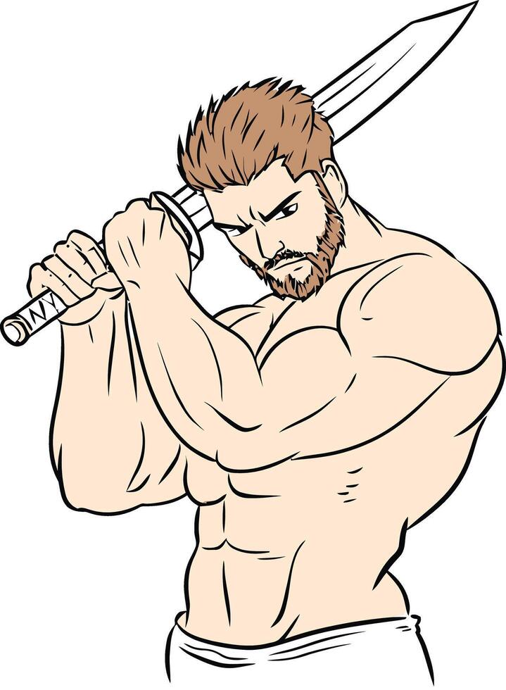 Muscular Cartoon Warrior with Sword Ready for Battle - Strong Animated Character Illustration vector