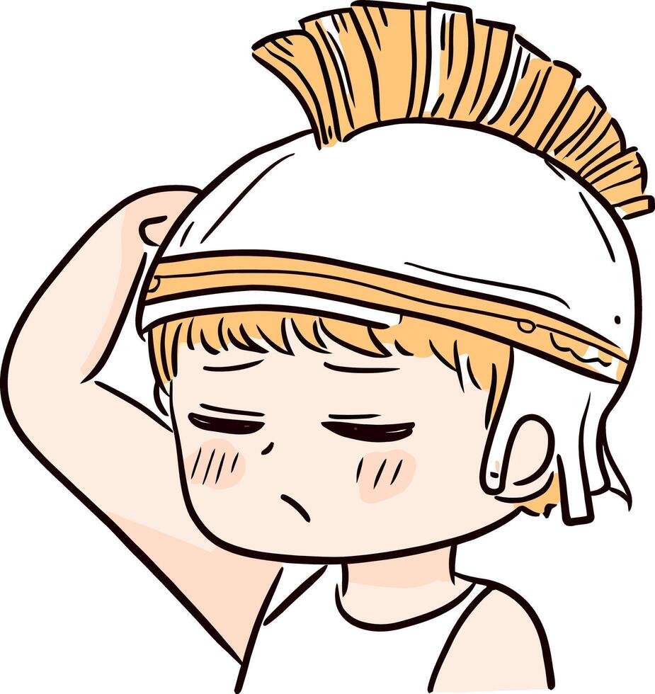 Cute Cartoon Child Wearing Roman Gladiator Helmet Expressing Confusion vector