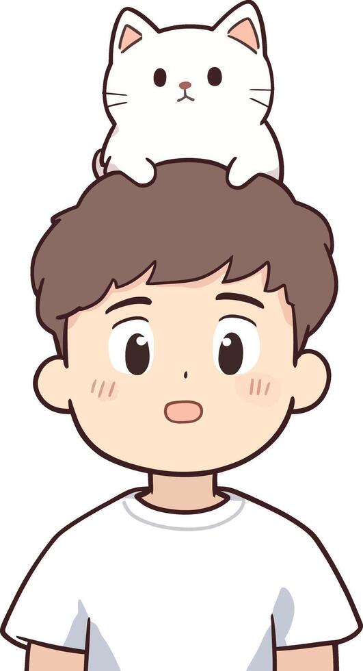 Cute Cartoon Boy with Cat on Head - Adorable Animal and Child Illustration vector