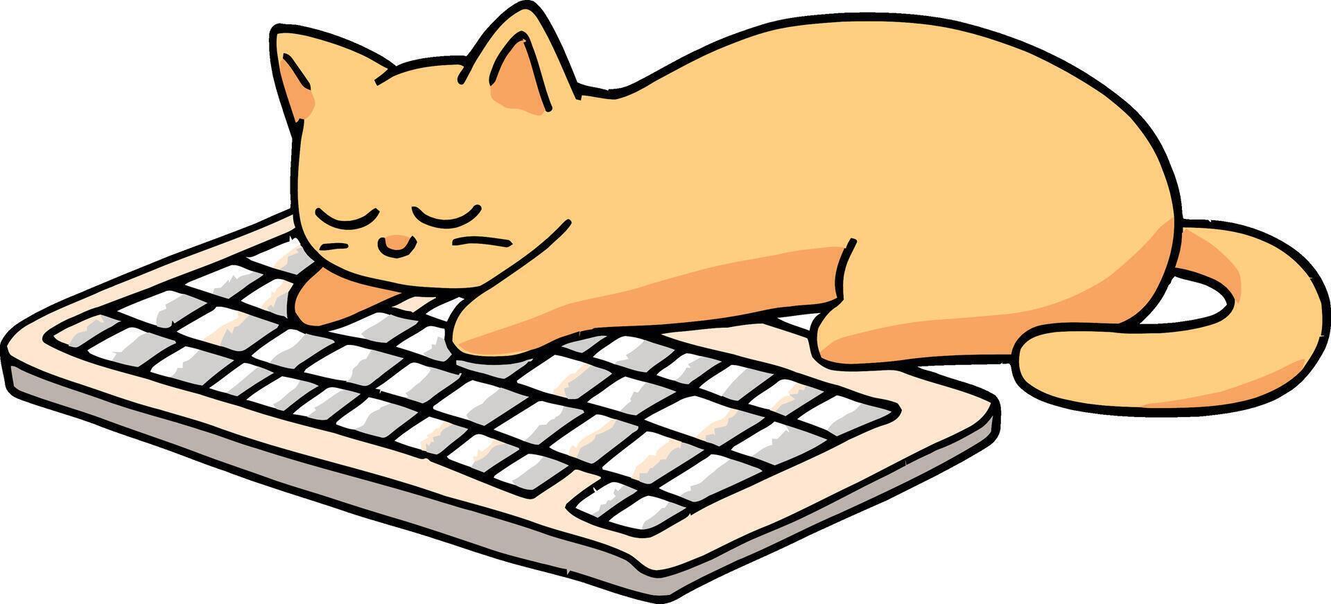 Adorable Yellow Cat Sleeping on Computer Keyboard Cartoon Illustration vector