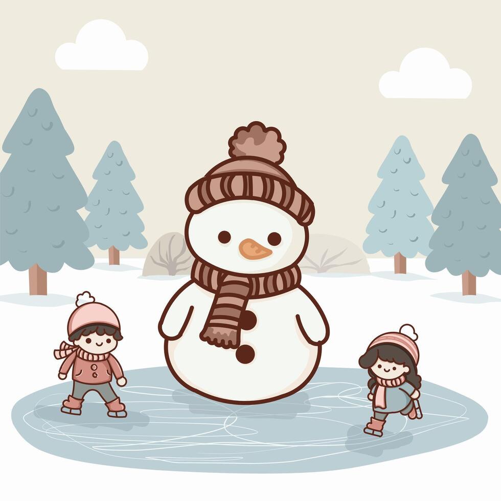 Cartoon snowman and two children, a boy and a girl, skating on ice. Winter Joys. The scene is fun and playful. vector