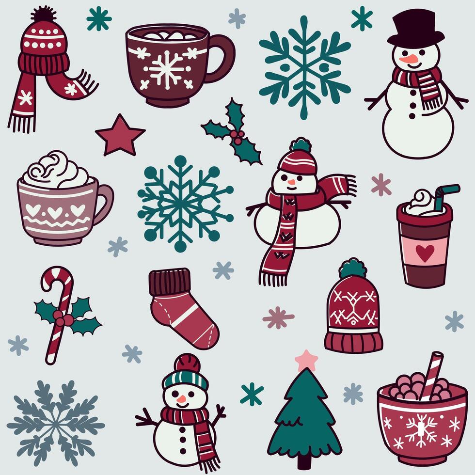A collection of icons with a winter theme including snowflakes, snowmen and cups of hot chocolate, a Christmas tree and a Christmas lollipop vector