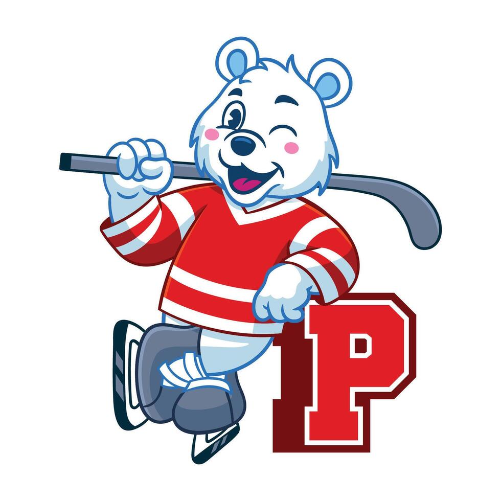 Cheerful Polar Bear With Ice Hockey Uniform Mascot vector