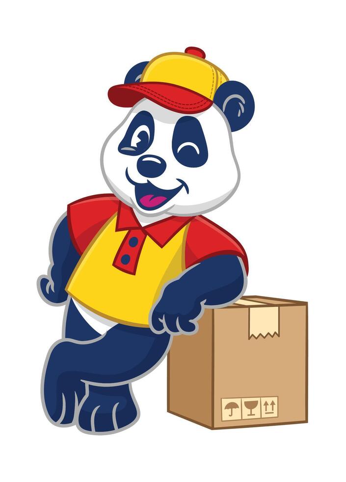 Mascot Of Cheerful Panda Courier Leaning on Delivery Package vector