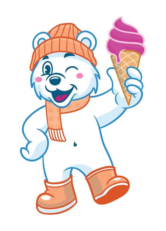 Happy Polar Bear Holding Large Ice Cream Mascot vector