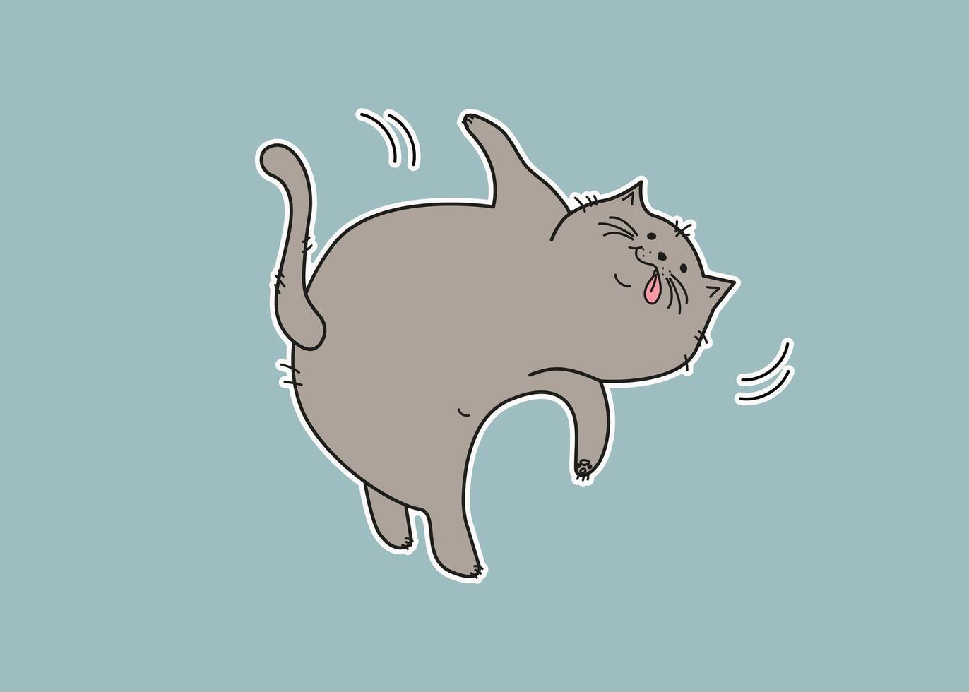 Sport. Animal, cartoon pet. Fat cat sticker. Cat doing gymnastics, yoga pose. Doodle, drawing. Background isolated. vector