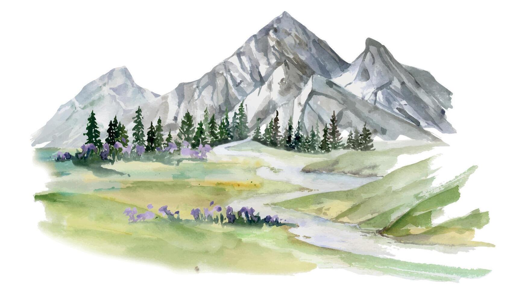 Scenery landscape of mountains, coniferous forest, fields stream river lake pasture land alpine vista hand drawn in watercolor. Illustration for tourism, resort ads, hiking camping sites, vacation. vector