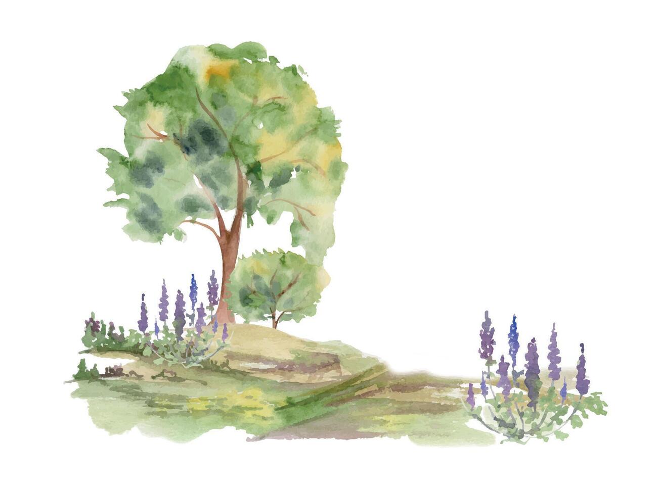 Scenery landscape of lush green foliage tree, northern forest meadow grassland with bushes lupin flowers, watercolor hand drawn. Illustration for tourism, resort ads, hiking camping sites, vacation. vector