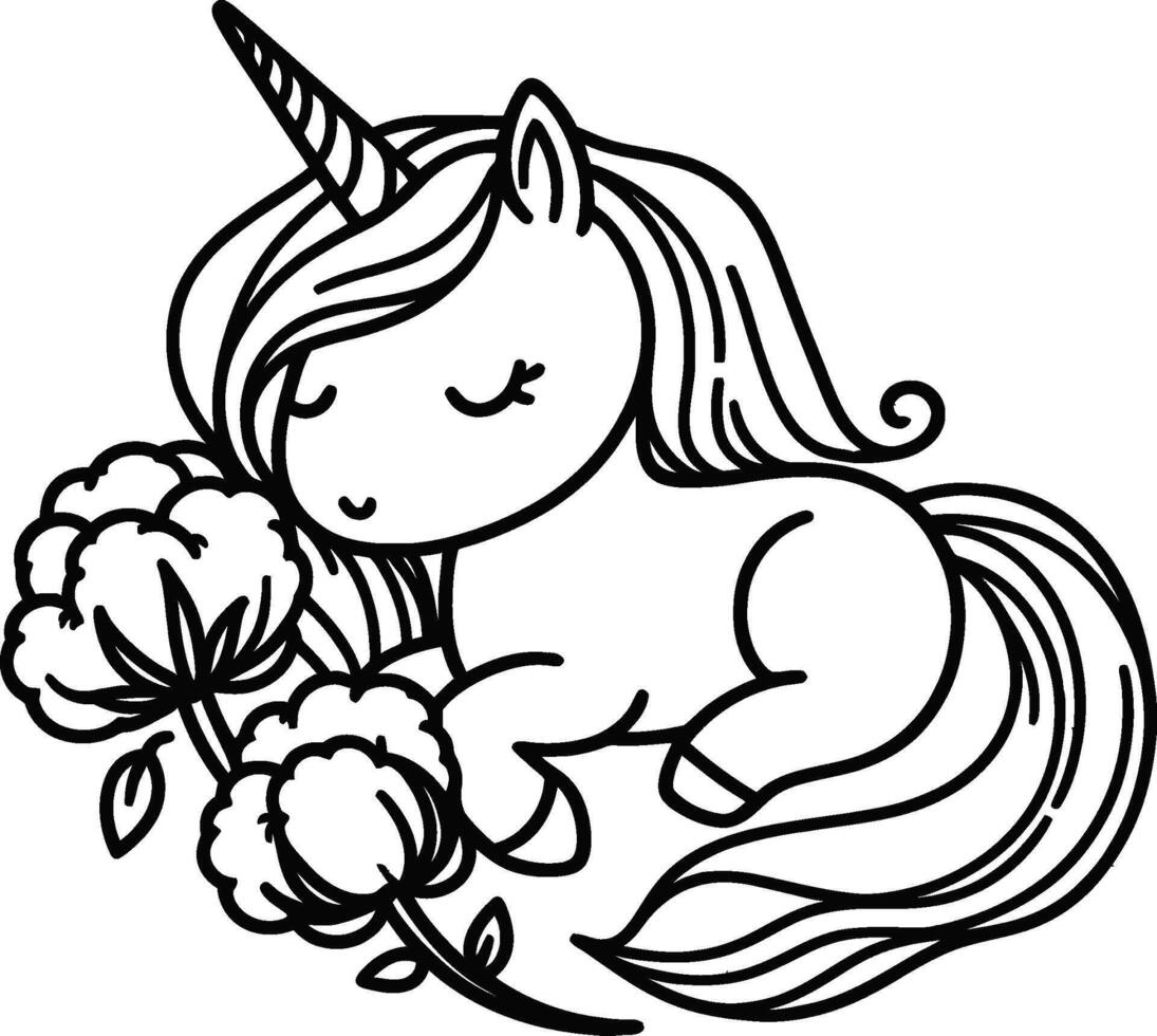 A unicorn with flowers coloring page vector