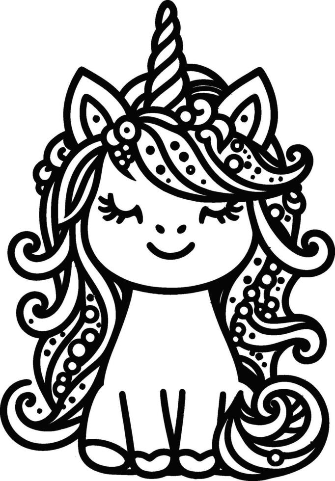 A unicorn with long hair and a crown coloring page vector