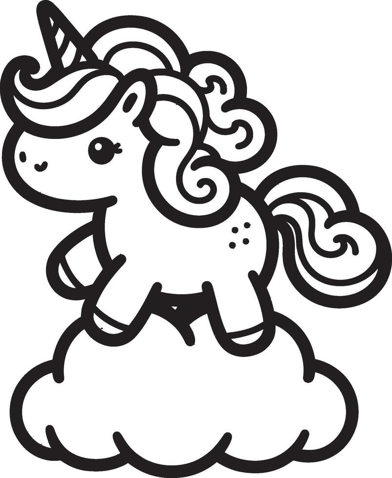 A unicorn is riding on a cloud coloring page vector