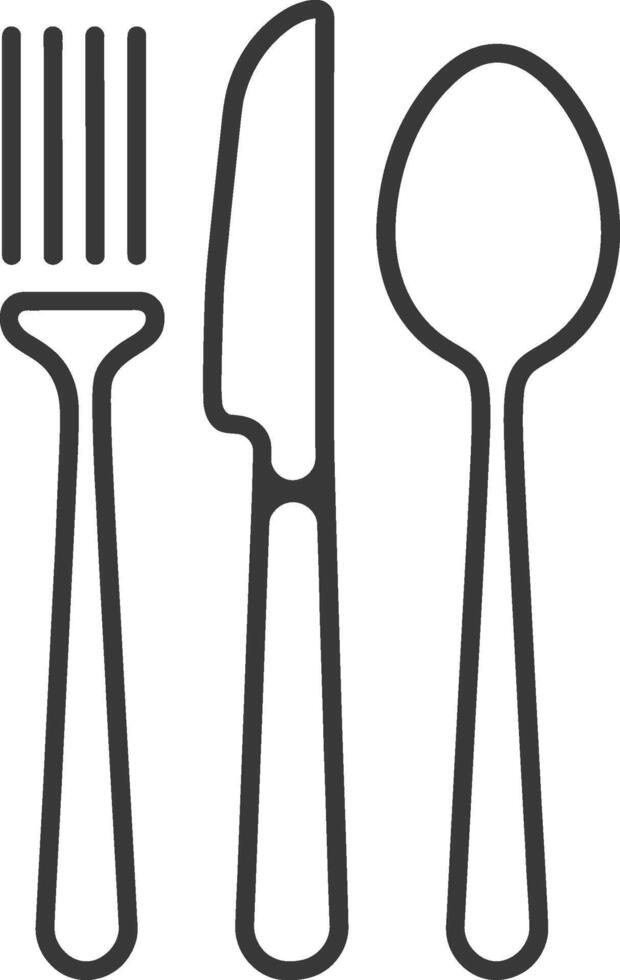 A black and white illustration of a fork, spoon and knife vector