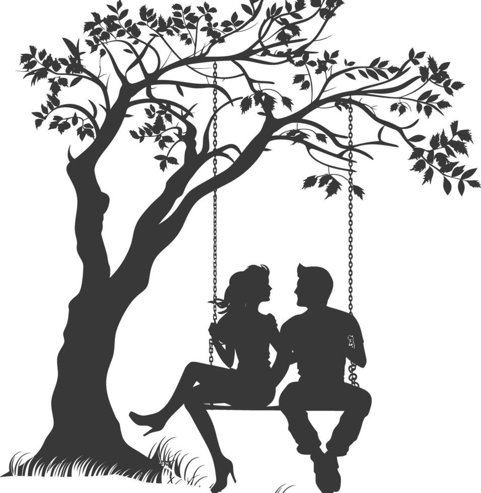 Silhouette of a couple sitting on a swing under a tree vector