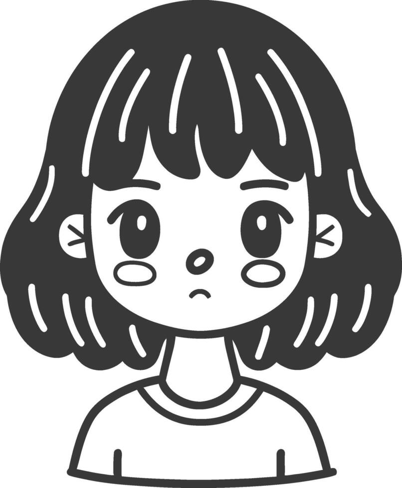A black and white illustration of a girl with a sad face vector