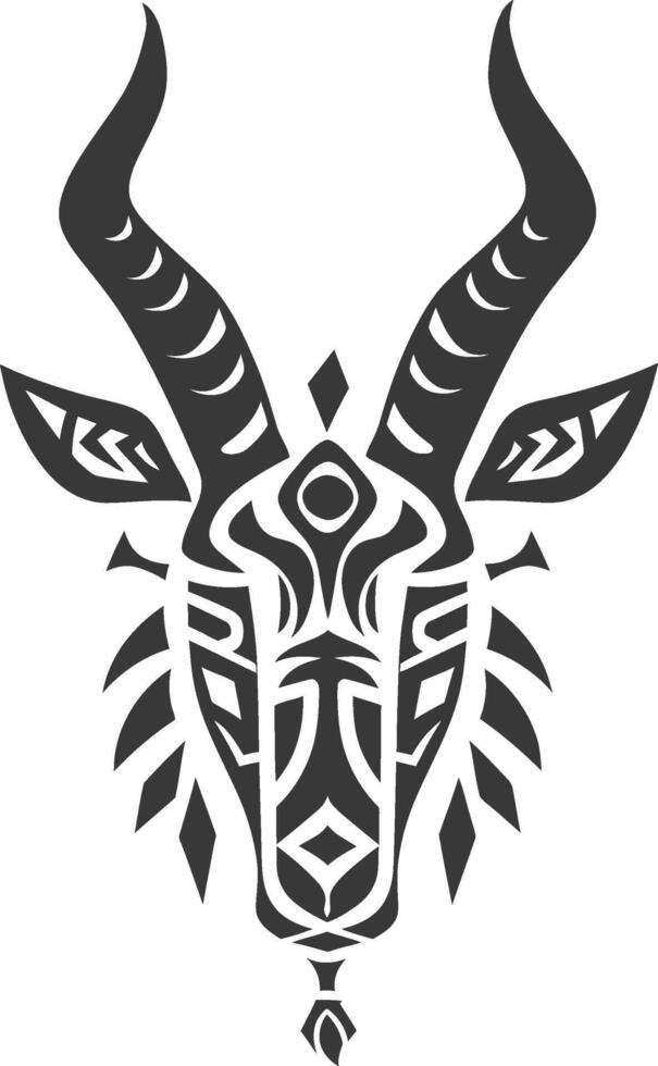 Stylized Black and White Tribal Animal Head with Curved Horns vector