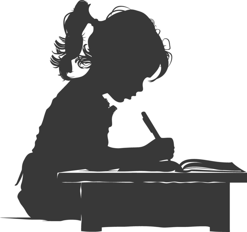 Silhouette of a little girl writing on a desk vector