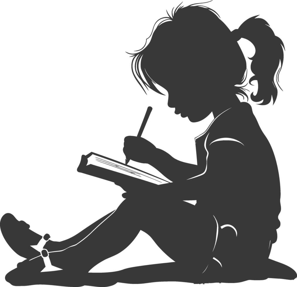 Silhouette of a little girl sitting and writing vector