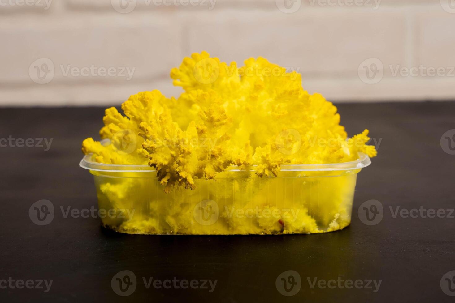 Chemical experiment showing dichromate crystallizing in plastic container photo