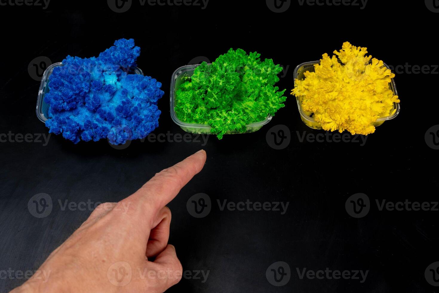 Scientist pointing at chemical crystals in laboratory photo