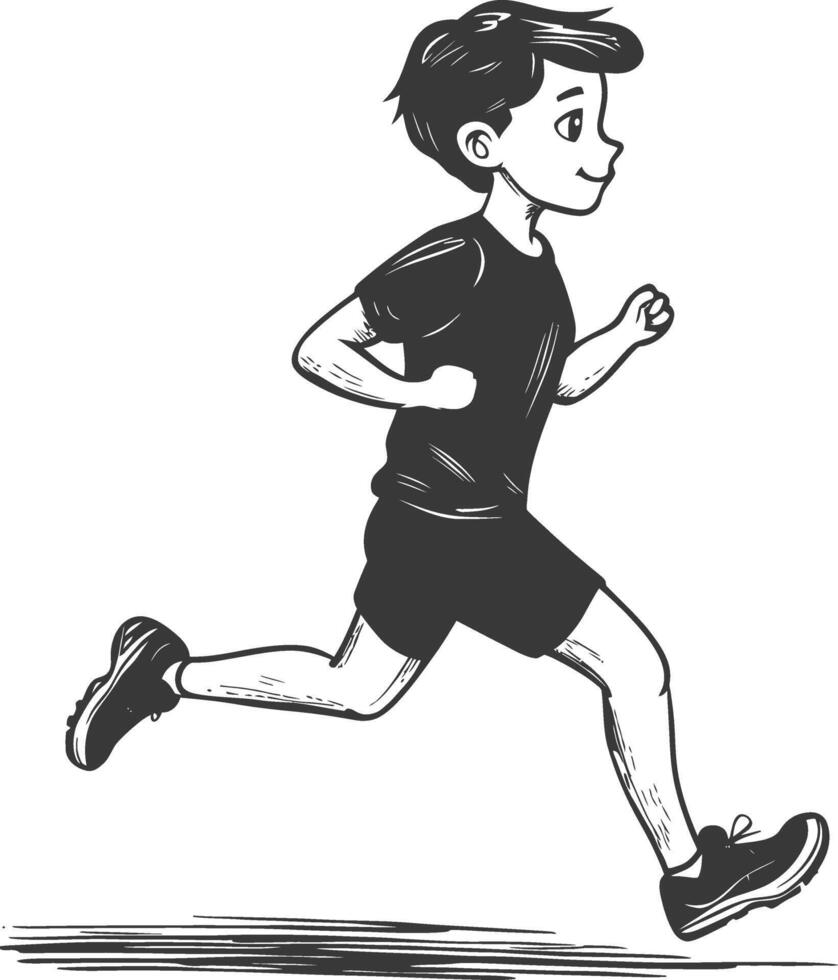 A black and white drawing of a boy running vector