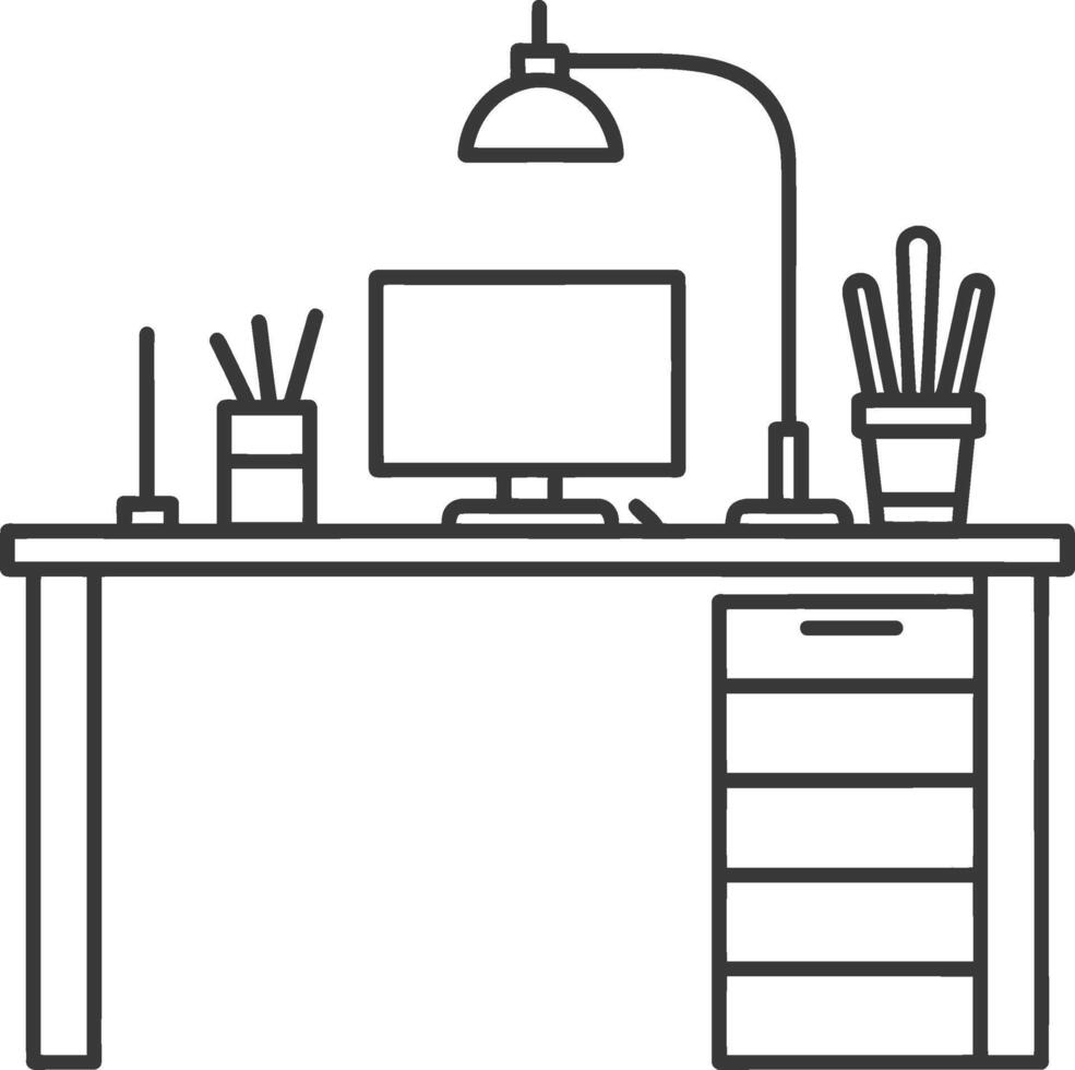 A black and white illustration of a desk with a computer and a lamp vector