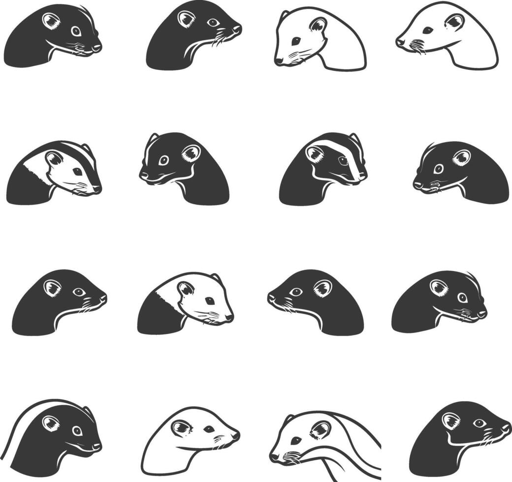 A set of black and white images of different types of badgers vector