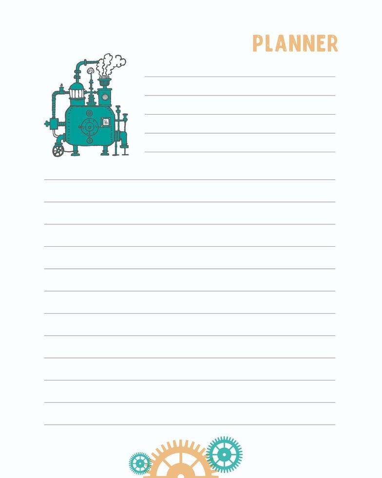 Planner template with vintage steampunk steam engine illustration, perfect for reminders and to-do notes. vector