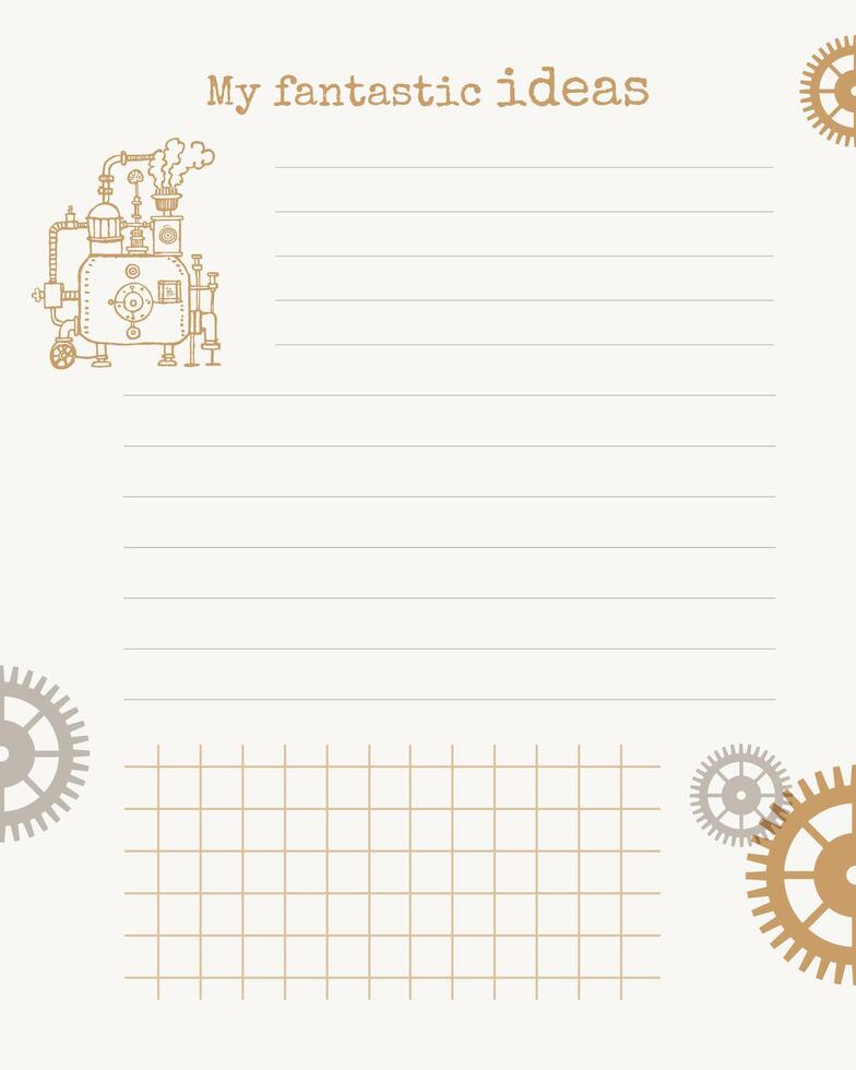 My fantastic ideas. Blank brainstorming pad with steampunk gears and vintage steam engine design. vector