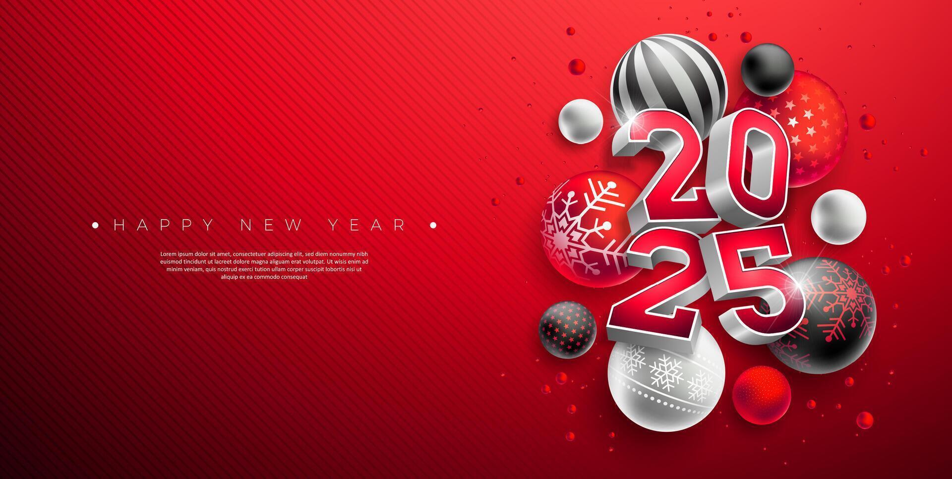 Happy New Year 2025 Banner Illustration with 3d Number and Christmas Ball on Red Background. Holiday Design with Typography Lettering for Flyer, Greeting Card, Celebration Poster, Party invitation or vector