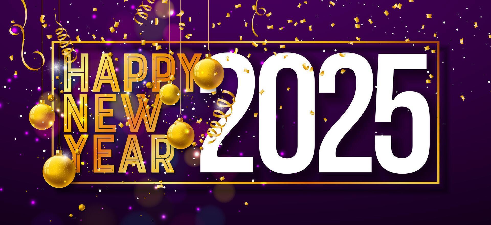 Happy New Year 2025 Illustration with Golden Typography Lettering and Christmas Ball on Falling Confetti Background. Winter Holiday Design for Flyer, Banner, Greeting Card, Celebration Poster, Party vector