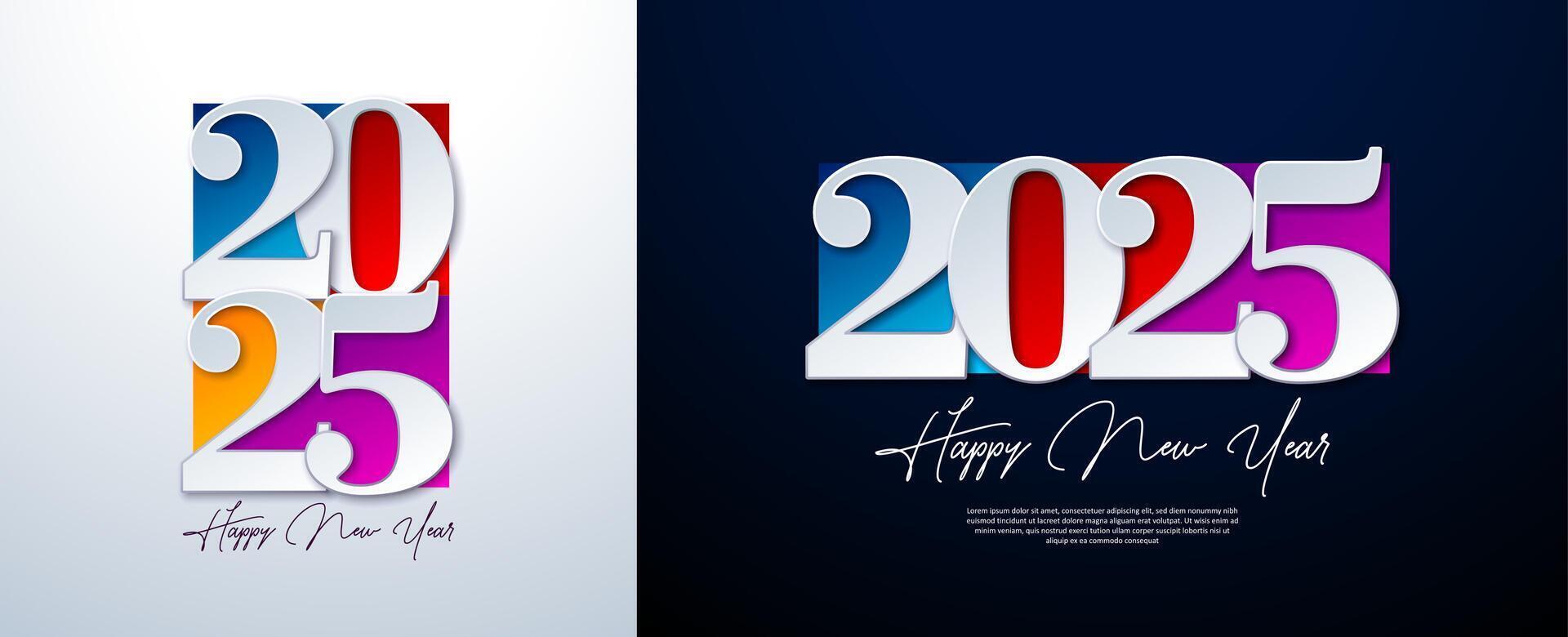 Happy New Year 2025 Illustration Set with Colorful Typography Lettering on White and Black Background. Holiday Design for Flyer, Banner, Greeting Card, Celebration Poster, Party Invitation, Calendar vector
