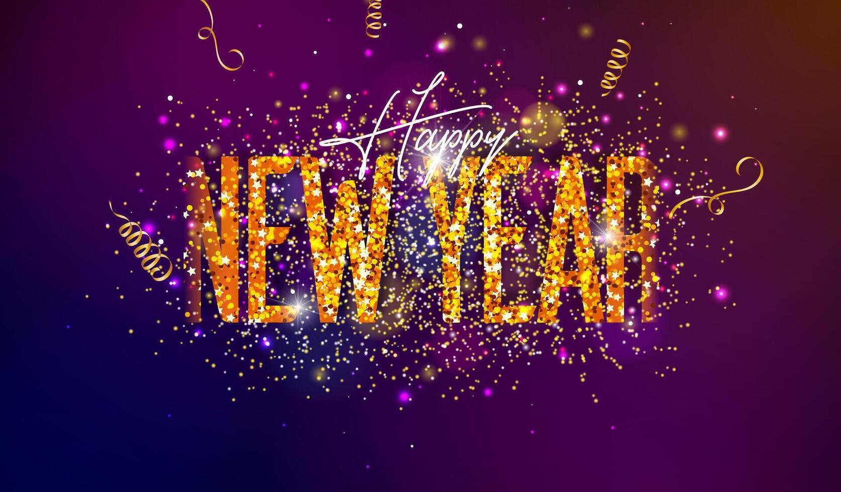 2025 Happy New Year Illustration with Gold Glittered Typography Lettering and Falling Confetti on Shiny Background. Christmas Holiday Design for Flyer, Greeting Card, Banner, Celebration Poster, Party vector